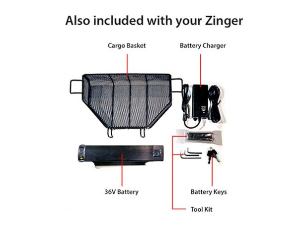 Zinger chair includes cargo basket, battery charger, 30V Battery, Battery Keys, and Tool kit